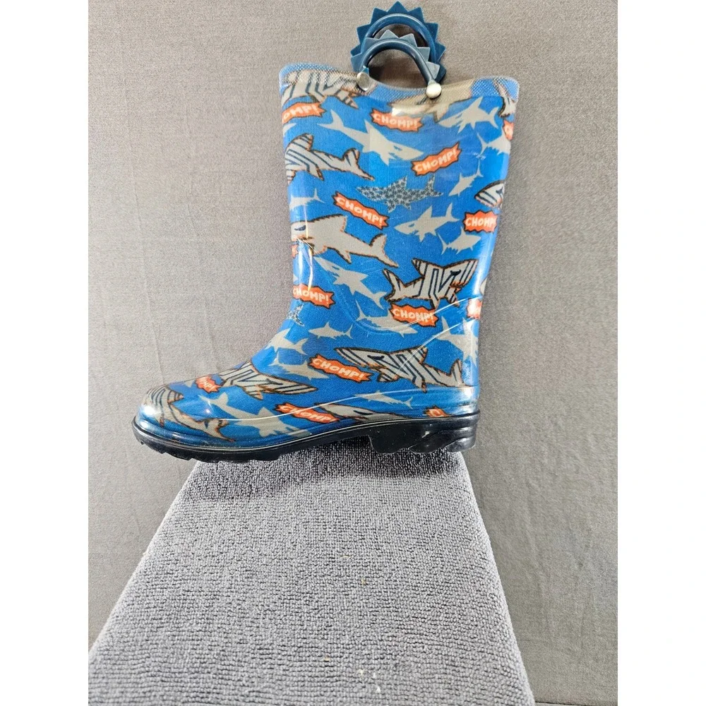 Shark Chomp Print Blue Rubber Rain Boots Kids Size 13/1 Waterproof  (sku 131)